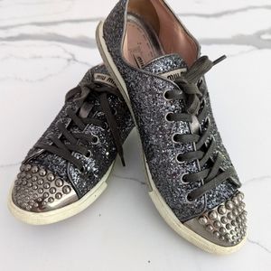 Miu Miu Glitter Silver Metal Cap Shoes Sneakers sz 36.5